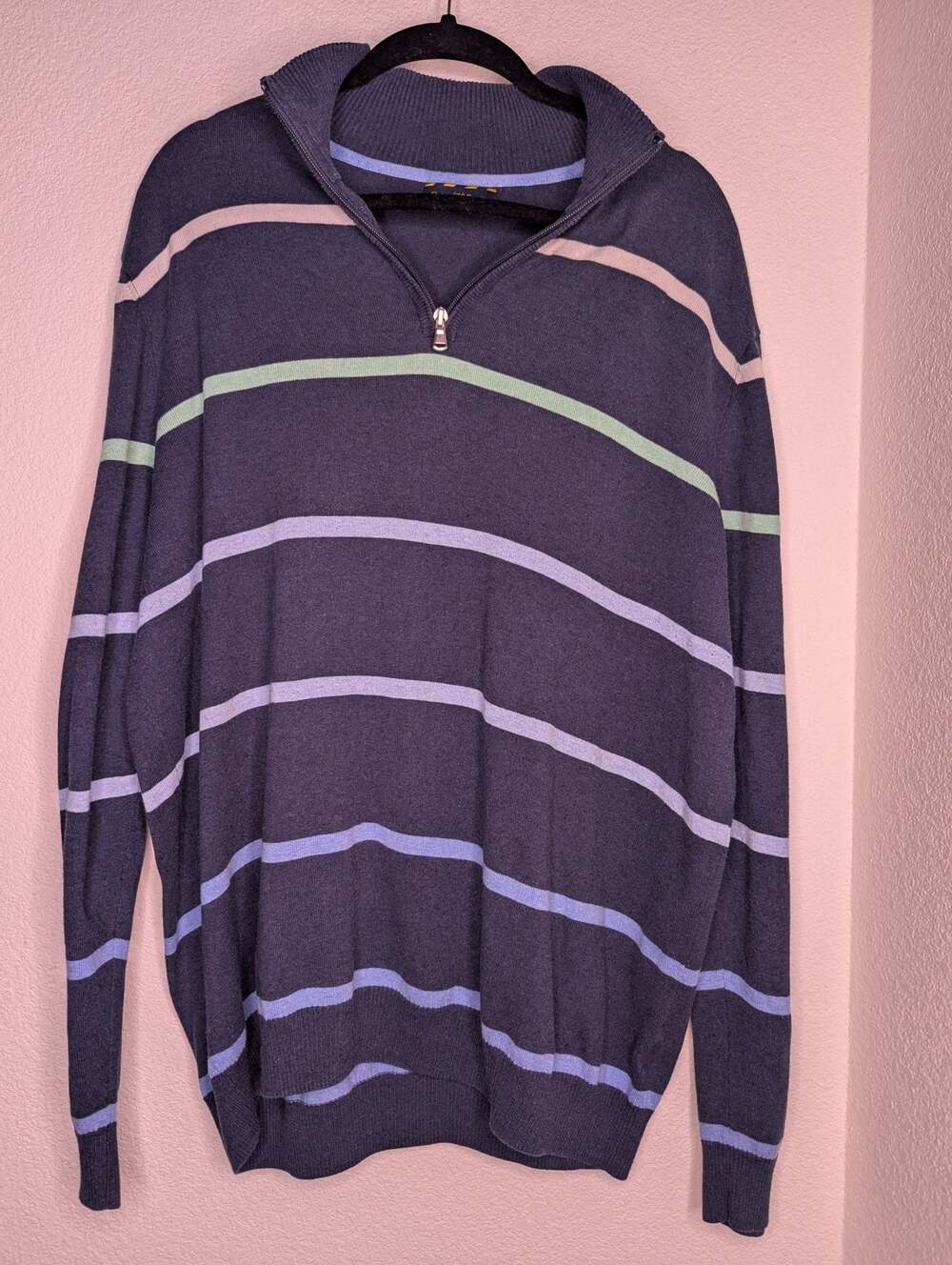 Club Room Men's 1/4 Zip Sweater XL Navy Striped Nautical Preppy Pastel Travel